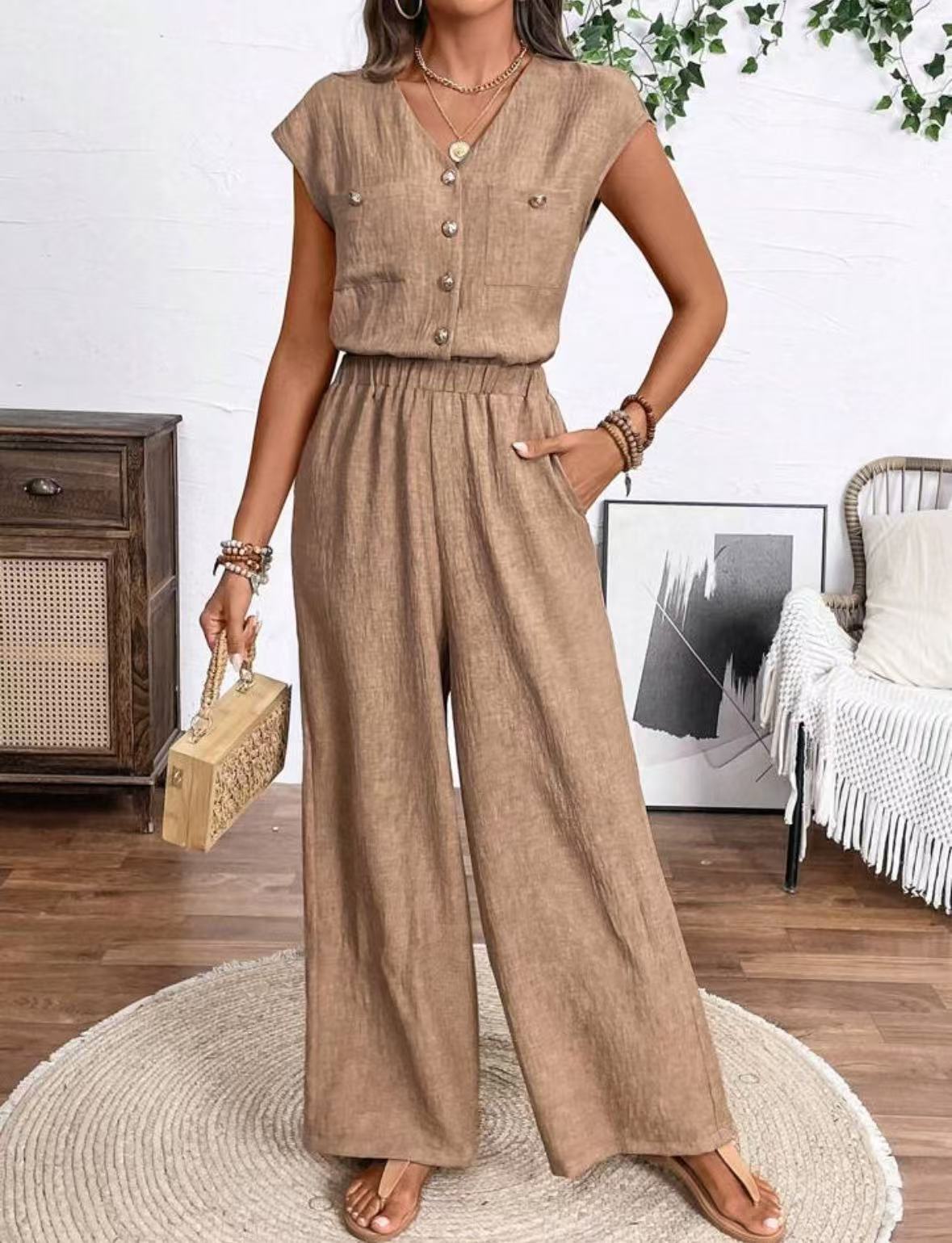 Women's V-neck Buttons Patch Pocket Jumpsuit