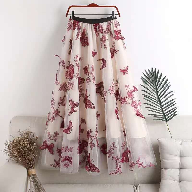 Embroidered Bow Lace Mesh Skirt Women's Mid-length