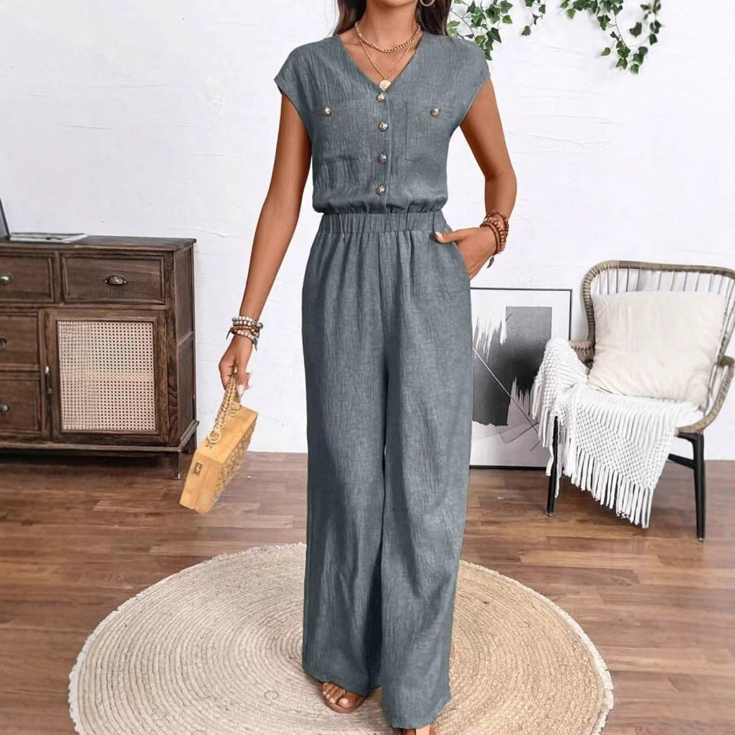 Women's V-neck Buttons Patch Pocket Jumpsuit