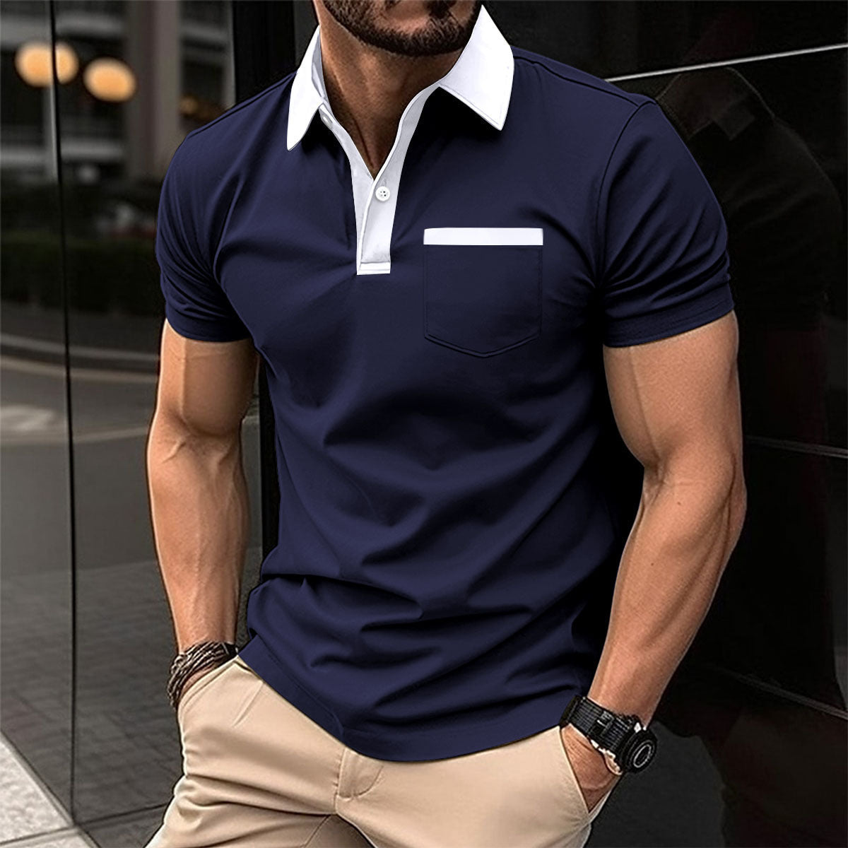 Men's Lapel Fashion Slim Pocket Short-sleeved T-shirt Polo Shirt