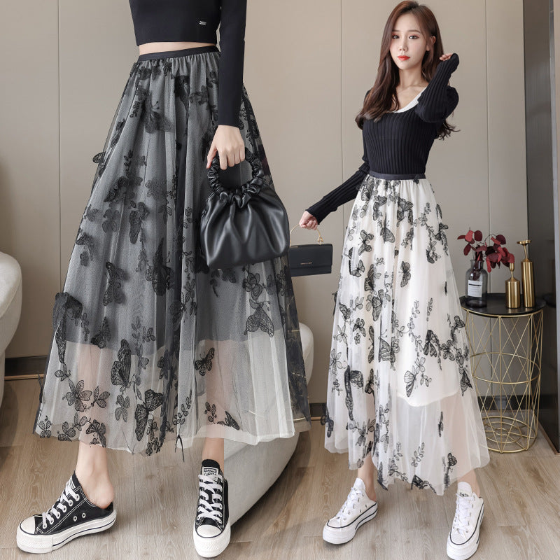 Embroidered Bow Lace Mesh Skirt Women's Mid-length