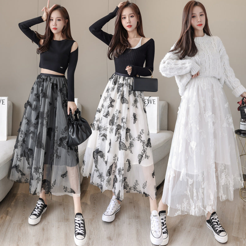 Embroidered Bow Lace Mesh Skirt Women's Mid-length