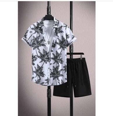 Men's Casual Ice Silk Micro-elastic Printed Short-sleeved Shirt Shorts Suit