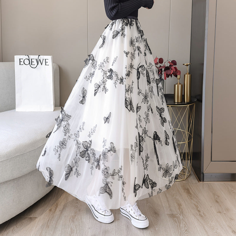 Embroidered Bow Lace Mesh Skirt Women's Mid-length