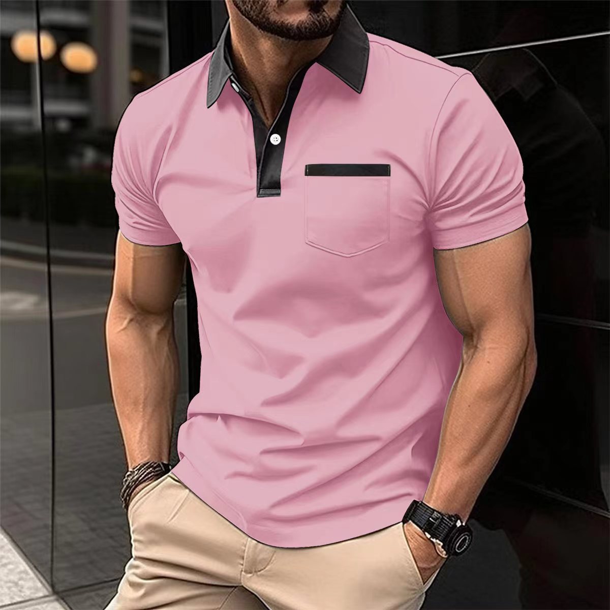 Men's Lapel Fashion Slim Pocket Short-sleeved T-shirt Polo Shirt