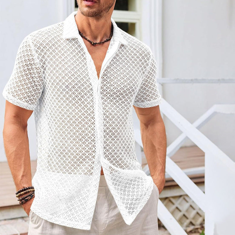 Fashion Solid Color Polo Collar Short Sleeve Mesh Shirt Men's Tops