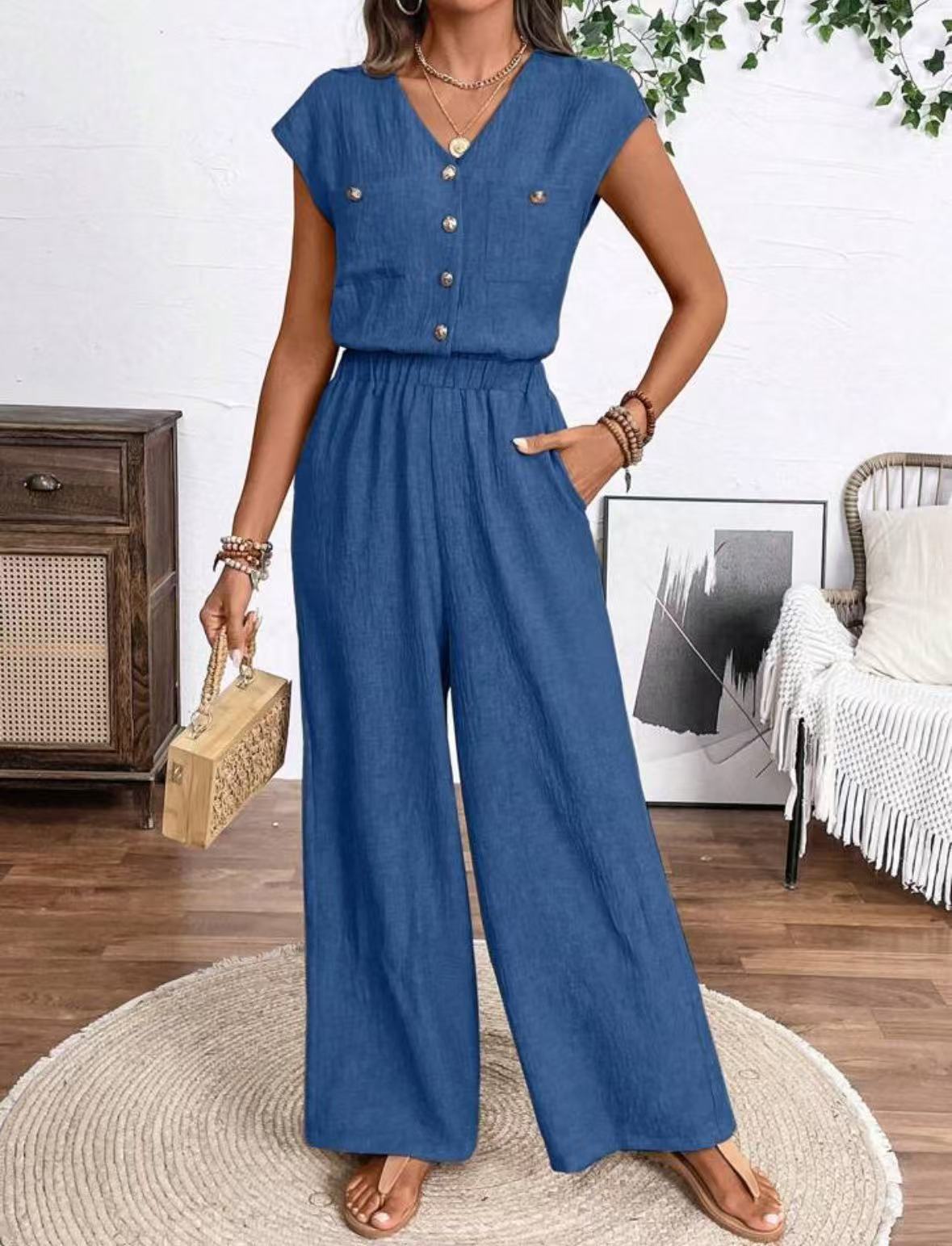 Women's V-neck Buttons Patch Pocket Jumpsuit