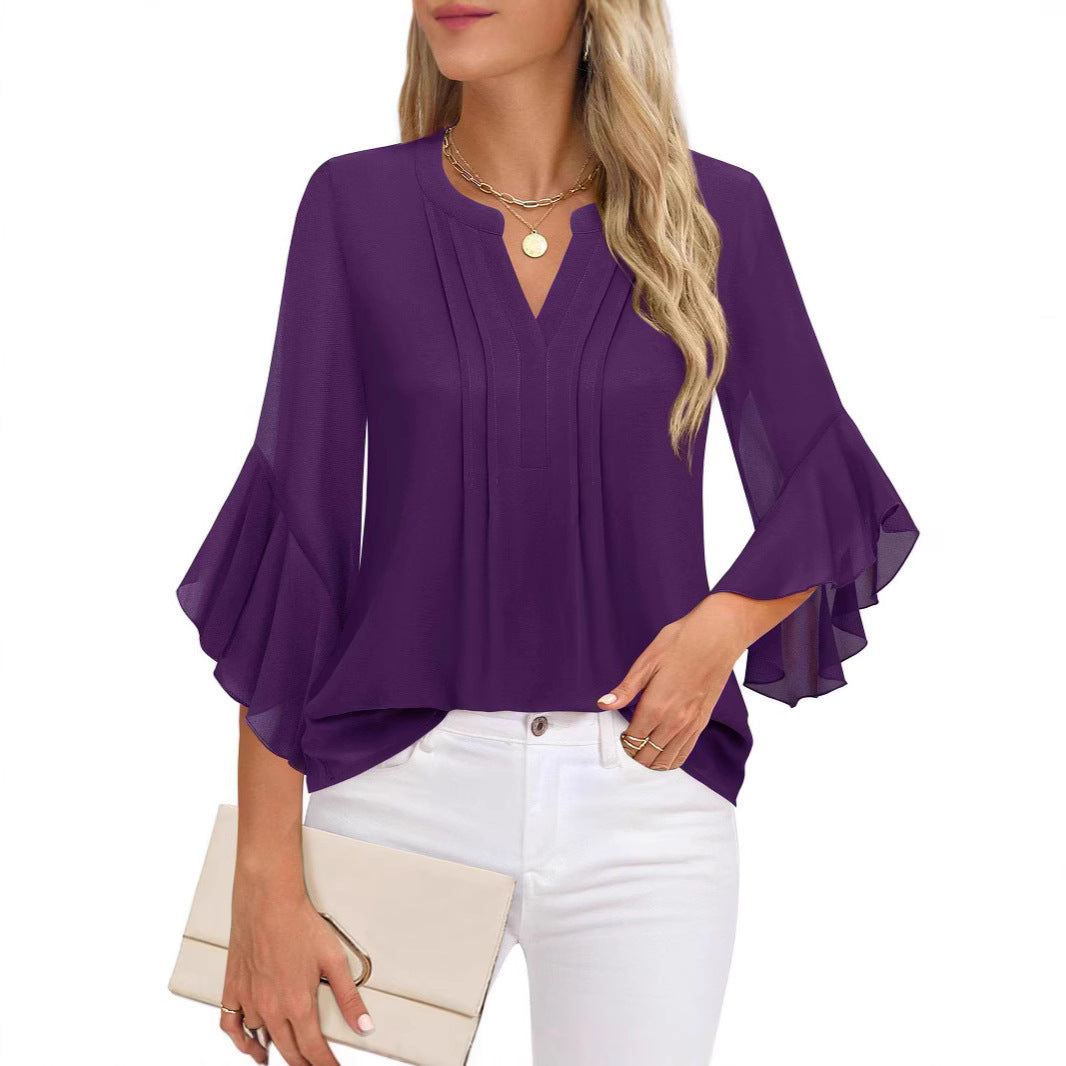 Lotus Leaf 34 Sleeve Top Solid Color Fashion