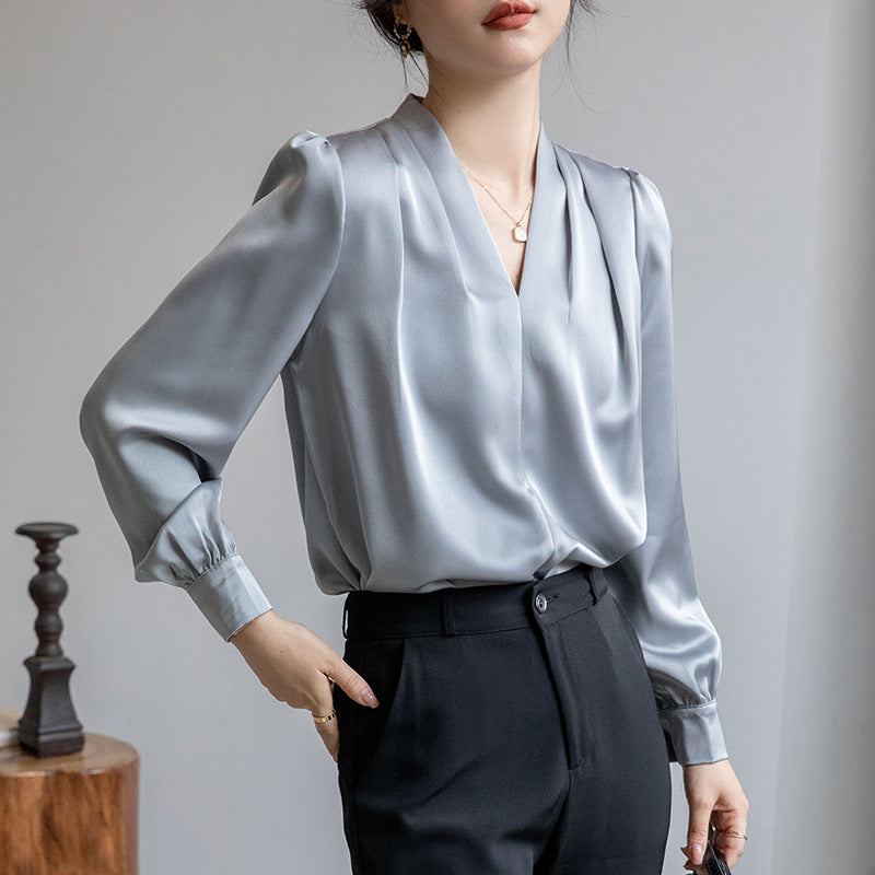 V-neck Shirt Women's Design Acetate Satin Simple Graceful Top