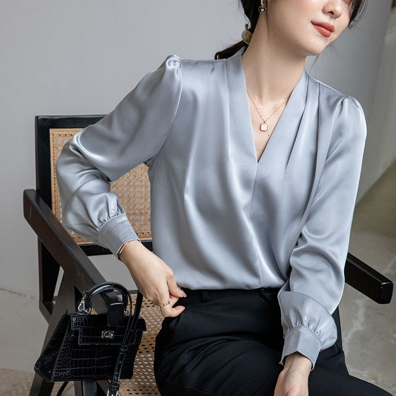 V-neck Shirt Women's Design Acetate Satin Simple Graceful Top