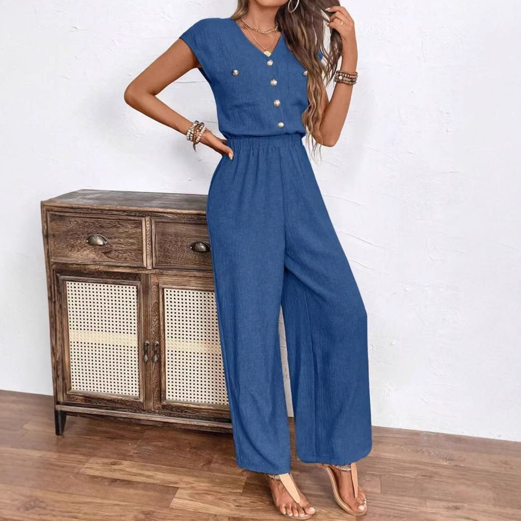 Women's V-neck Buttons Patch Pocket Jumpsuit