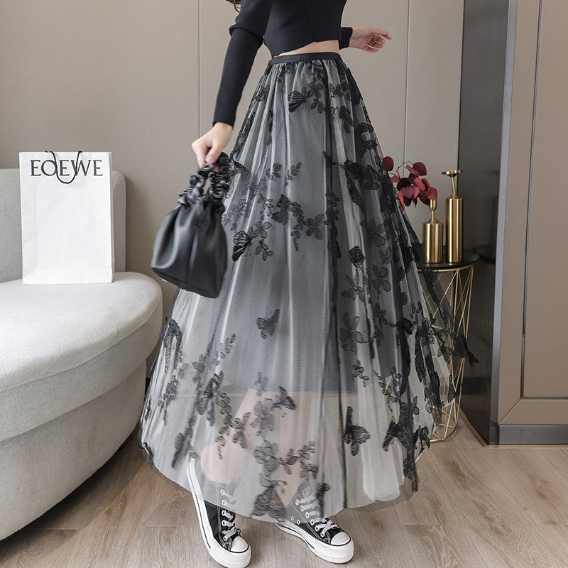 Embroidered Bow Lace Mesh Skirt Women's Mid-length