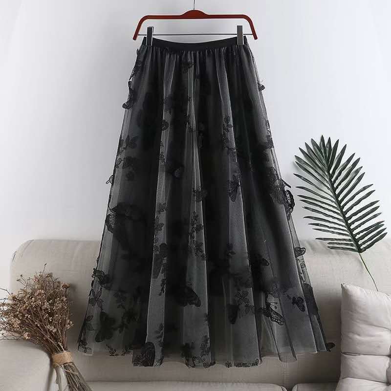 Embroidered Bow Lace Mesh Skirt Women's Mid-length